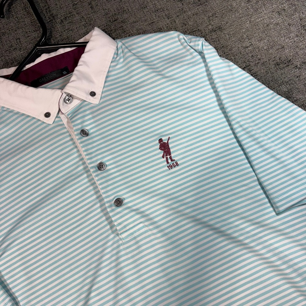 Greyson Polo Shirt XL Blue White Striped Performance Golf Short Sleeve 1958 Logo